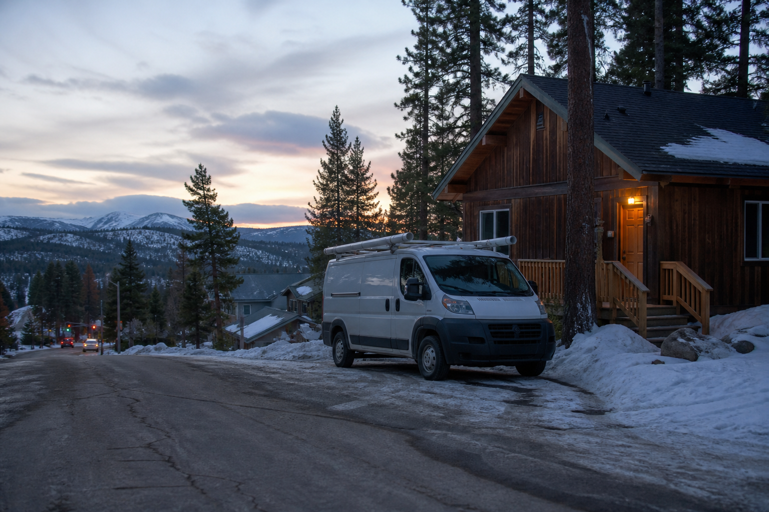 Snowy Truckee cabin street with a local plumbing van at dusk