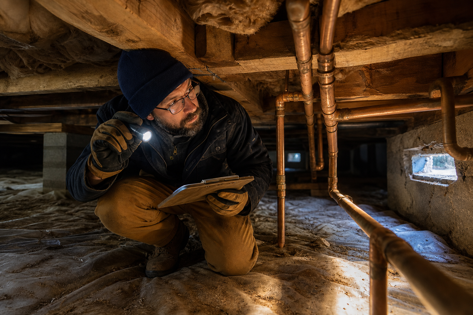 Plumber inspecting pipes in a Truckee mountain home crawl space