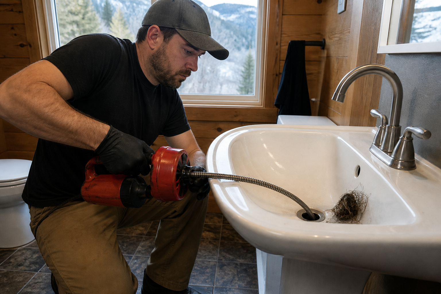 Plumber clearing a clogged bathroom sink drain