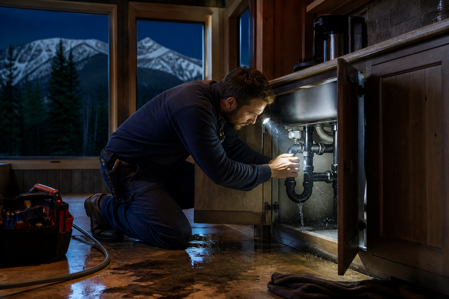 Plumber repairing drain pipes in an exposed ceiling