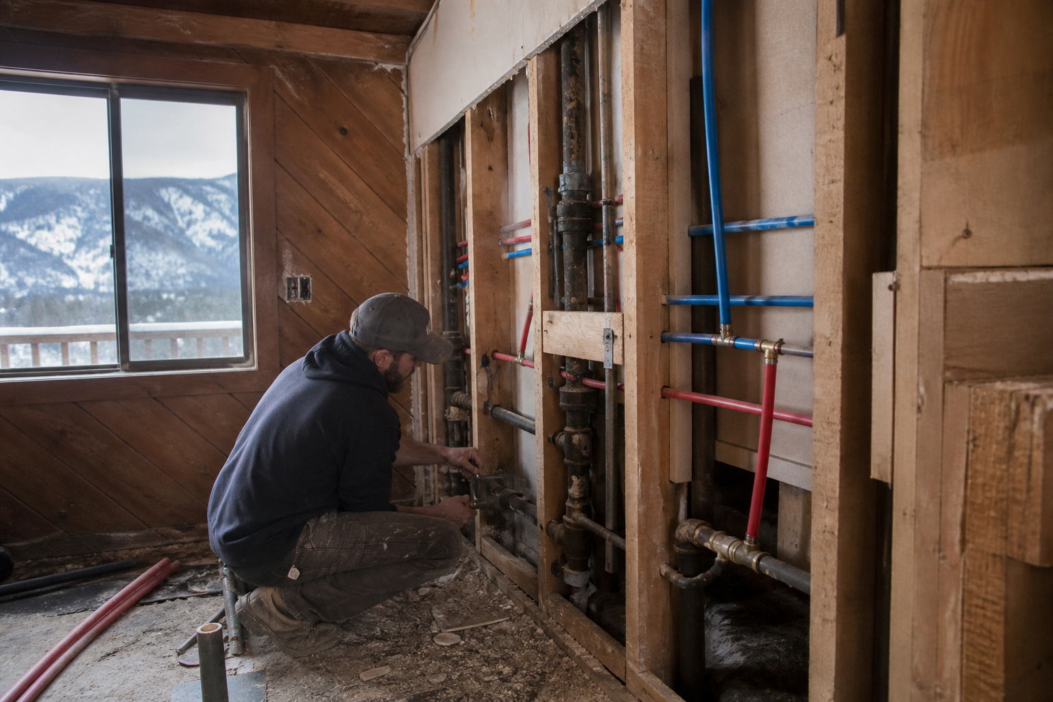 PEX repiping in progress in a 1970s mountain cabin
