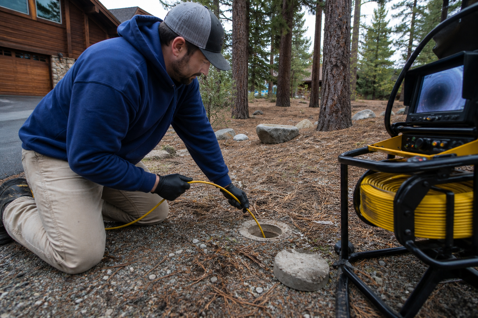 Sewer camera inspection at a Truckee home cleanout