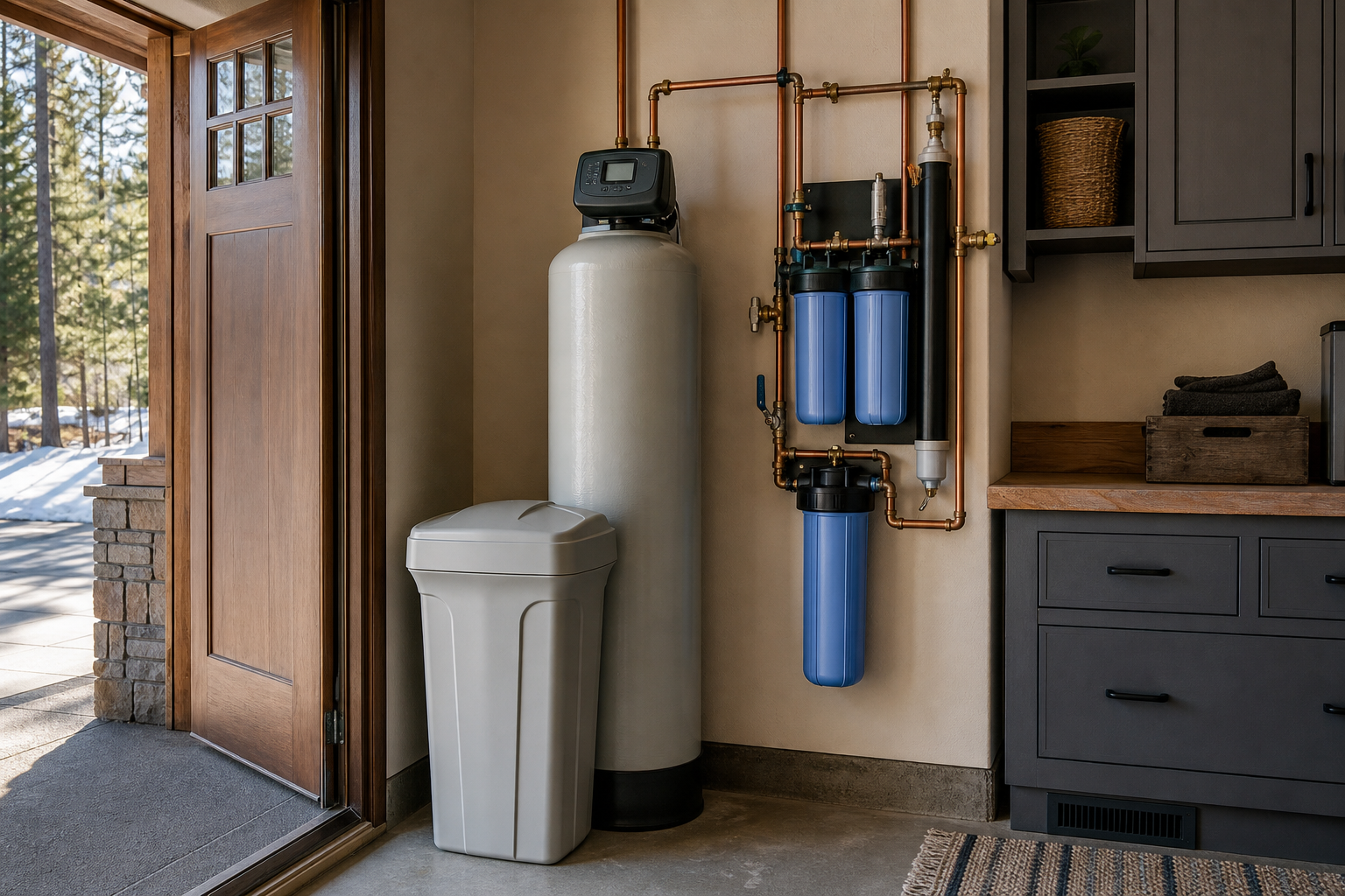 Whole-home water softener in a Truckee garage