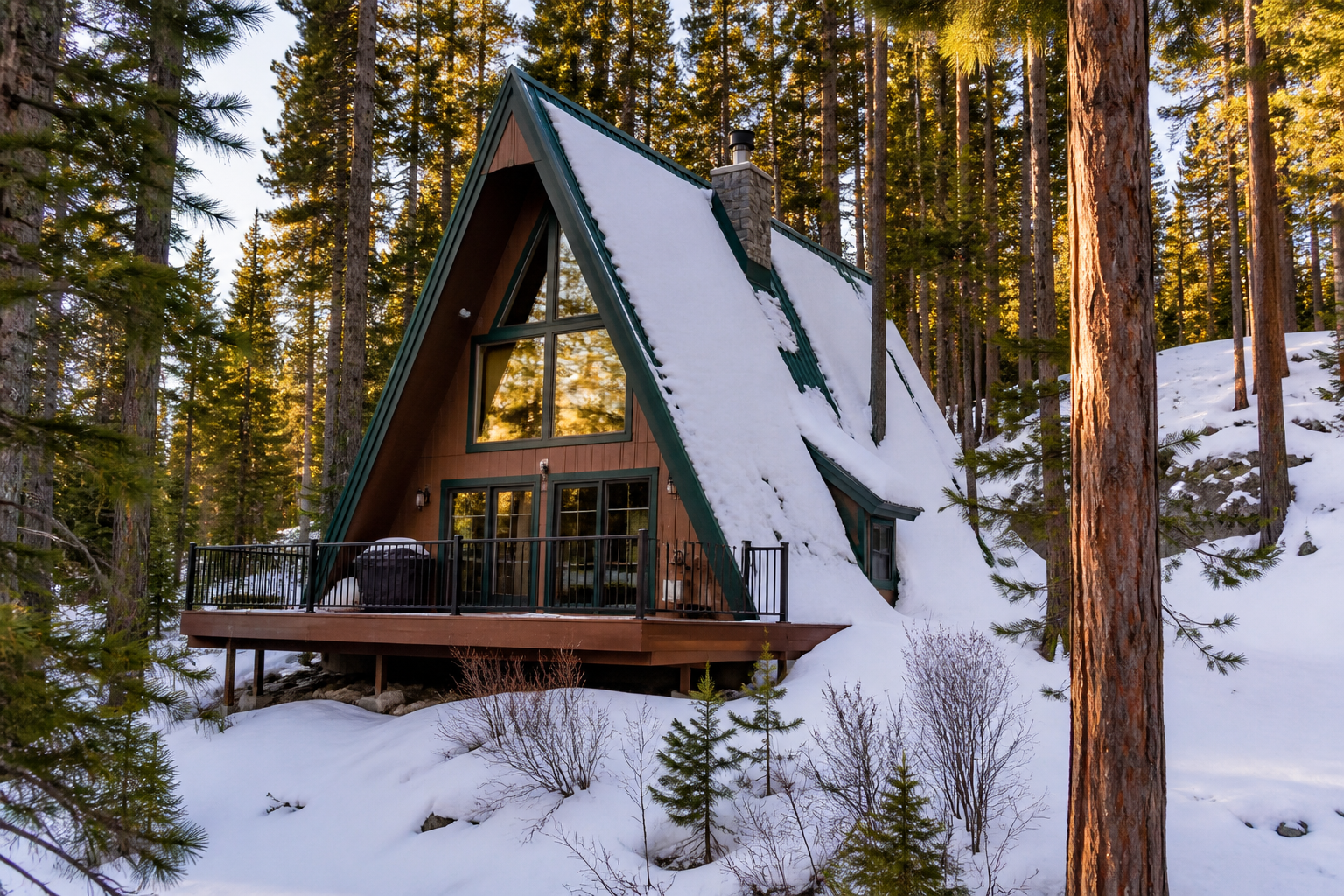 Snow-covered Tahoe Donner vacation cabin