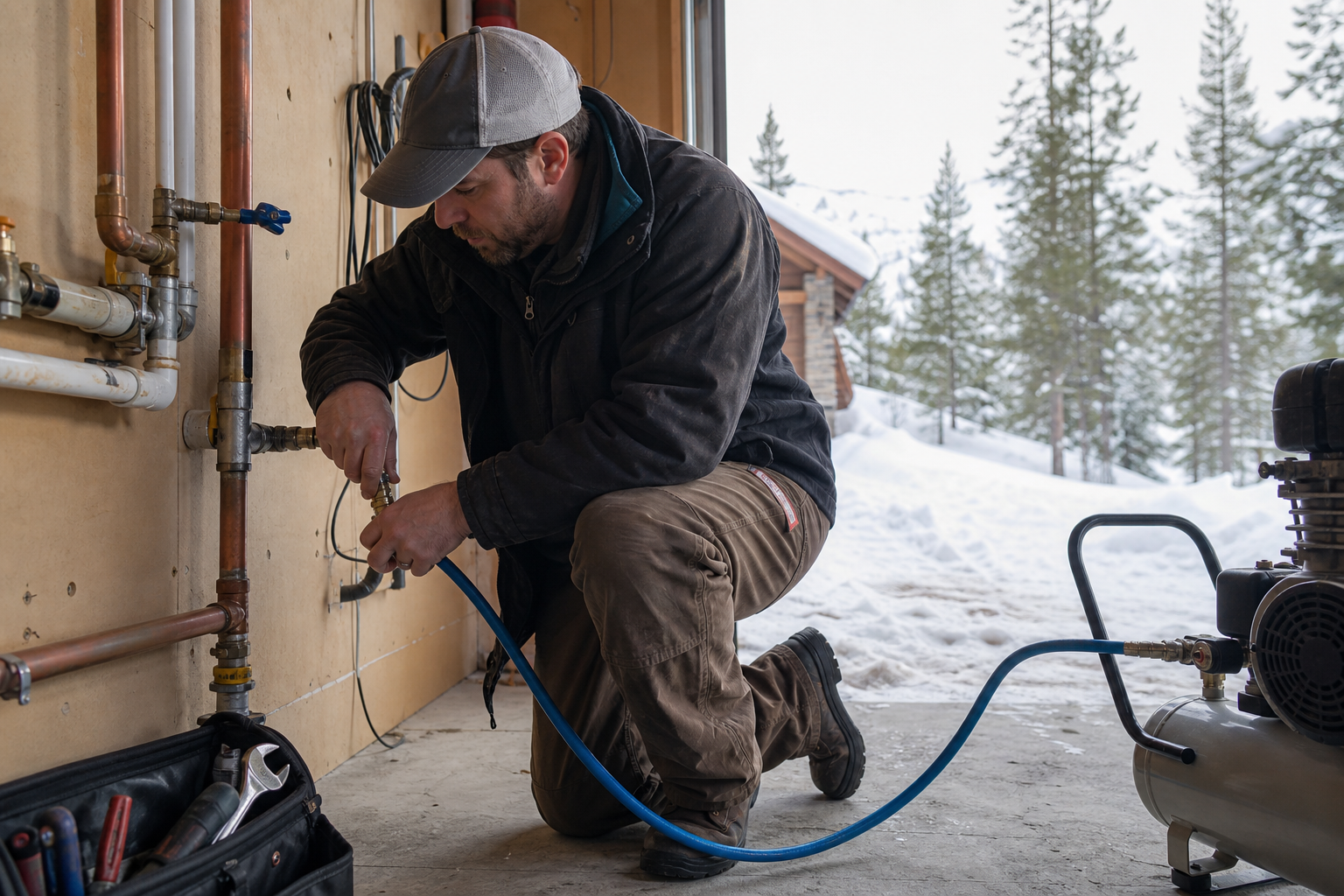 Plumber winterizing a Sierra Nevada vacation cabin